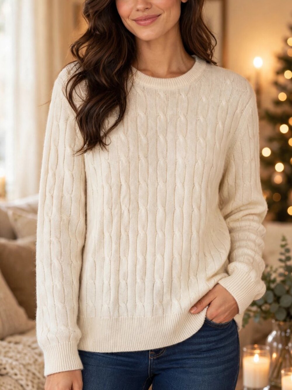 XL Cream 100% Cashmere Cable Knit Sweater New With Tags Quiet Luxury Minimalist